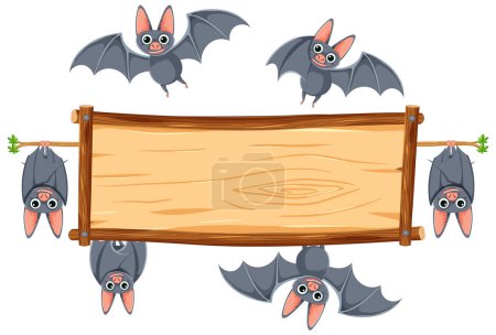 Téléchargez les illustrations : Illustration vectorielle de chauves-souris sur une bannière en bois - en licence libre de droit