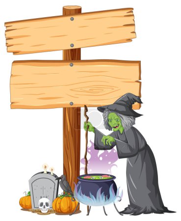 Ilustración de Una bruja prepara una poción venenosa junto a una lápida y un letrero de madera - Imagen libre de derechos