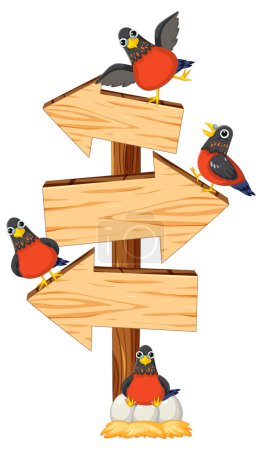 Illustration for Birds gathered around a signboard in a natural setting - Royalty Free Image