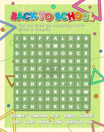 Illustration for A fun word search puzzle game template with hidden words to enhance English language skills - Royalty Free Image