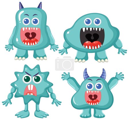 Ilustración de Un conjunto de adorables monstruos alienígenas azules en un estilo de ilustración de dibujos animados - Imagen libre de derechos