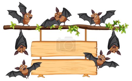 Téléchargez les illustrations : Illustration vectorielle de chauves-souris suspendues et frites sur une bannière en bois - en licence libre de droit