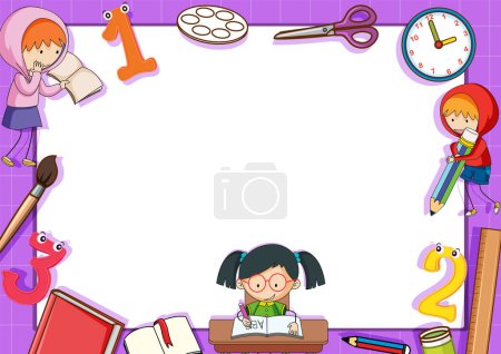 Ilustración de Ilustración de un estudiante dedicado a actividades de aprendizaje en un marco de frontera decorativa - Imagen libre de derechos