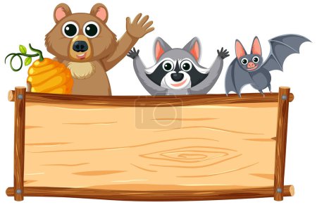 Téléchargez les illustrations : Illustration vectorielle d'ours, chauves-souris et raton laveur debout derrière un cadre en bois - en licence libre de droit