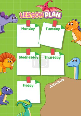 Illustration for A blank notepad with a cute dinosaur cartoon character for weekly lesson planning - Royalty Free Image