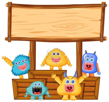 Ilustración de Monstruos alienígenas de dibujos animados juguetones con un banner de plantilla de marco de madera - Imagen libre de derechos