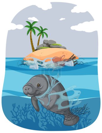 Ilustración de Ilustración de un dugong de dibujos animados expresando tristeza en un mar contaminado con plástico - Imagen libre de derechos