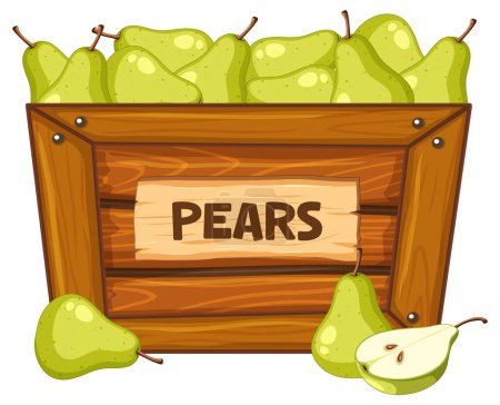 Illustration for Illustration of pears in a wooden box with a sign banner - Royalty Free Image