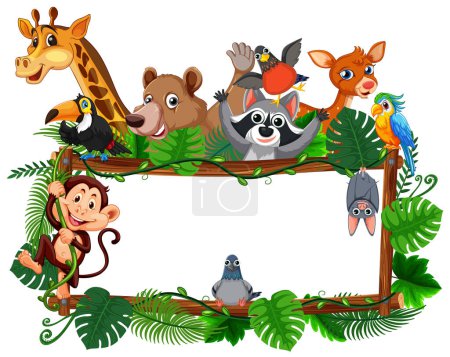 Téléchargez les illustrations : Illustration vectorielle de dessins animés d'animaux de zoo entourés de plantes tropicales sur un cadre en bois - en licence libre de droit