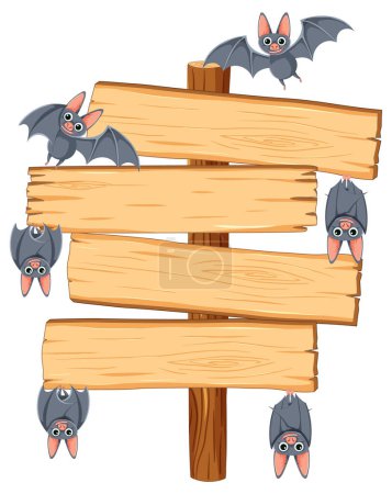 Illustration for Vector cartoon illustration of bats hanging and flying near a wooden signboard - Royalty Free Image