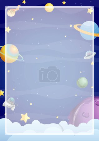 Ilustración de Una vibrante ilustración de dibujos animados vectoriales del espacio exterior con múltiples planetas, con una plantilla decorativa de marco de borde - Imagen libre de derechos