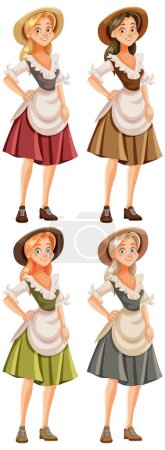 Beautiful European woman standing and smiling in cartoon illustration