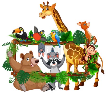 Téléchargez les illustrations : Illustration vectorielle de dessins animés d'animaux de zoo entourés de plantes tropicales sur un cadre en bois - en licence libre de droit