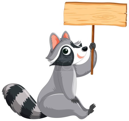 Ilustración de Adorable mapache sosteniendo una pancarta de madera en una posición sentada - Imagen libre de derechos