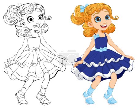 Illustration for A joyful cartoon girl dancing with an outline for coloring - Royalty Free Image