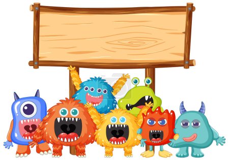 Illustration for Vector cartoon illustration of adorable alien monsters standing in front of a wooden frame board template banner - Royalty Free Image