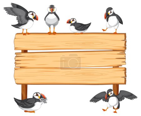 Téléchargez les illustrations : Un groupe d'oiseaux macareux debout près d'une enseigne en bois vierge - en licence libre de droit