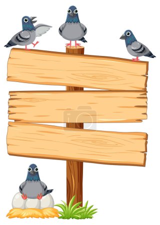 Illustration for Vector cartoon illustration of pigeons standing near a signboard in a natural setting - Royalty Free Image
