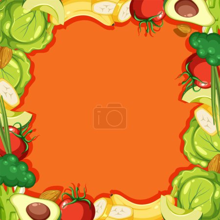 Téléchargez les illustrations : Illustration vectorielle colorée de fruits et légumes sur fond orange - en licence libre de droit