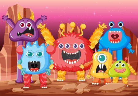 Ilustración de Un grupo de lindos amigos monstruos alienígenas en varios colores contra un fondo espacial - Imagen libre de derechos