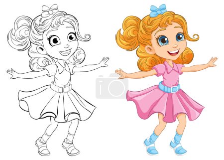 Ilustración de Una alegre chica de dibujos animados bailando con un contorno para colorear - Imagen libre de derechos