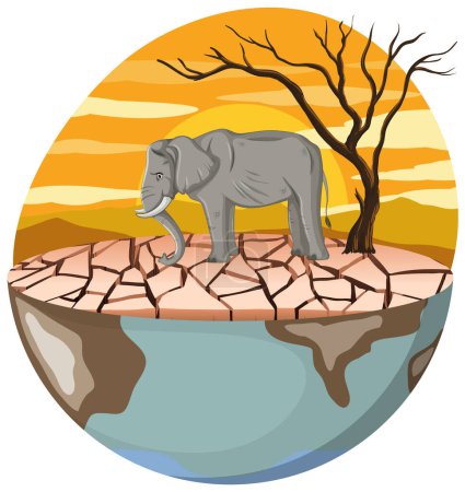 Photo for A cartoon illustration of a sorrowful elephant on a dry landscape, symbolizing deforestation - Royalty Free Image