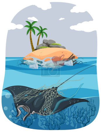 Illustration for Illustration of a manta ray trapped in a fishnet due to marine pollution - Royalty Free Image