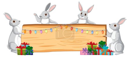 Illustration for Vector cartoon illustration of rabbits celebrating with gift boxes and a wooden signboard - Royalty Free Image