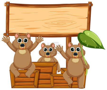 Illustration for Vector cartoon illustration of bears on a wooden frame banner - Royalty Free Image