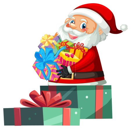 Téléchargez les illustrations : Père Noël tient joyeusement un paquet de cadeaux pour la saison des fêtes - en licence libre de droit