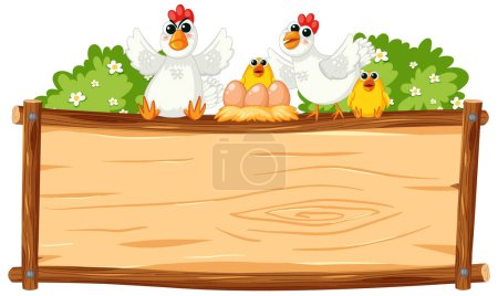 Illustration for A charming scene of hens, eggs, and a chick on a wooden board frame in a garden - Royalty Free Image