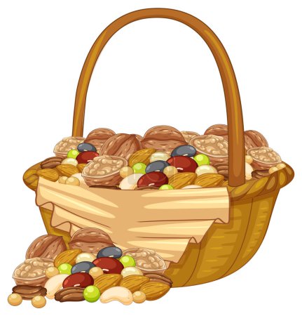 Ilustración de Ilustración de guisantes y frutos secos orgánicos aislados en una cesta de madera - Imagen libre de derechos