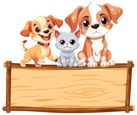 Téléchargez les illustrations : Charmante illustration de style dessin animé d'un chien et d'un chat mignons debout sur un cadre de planche en bois - en licence libre de droit