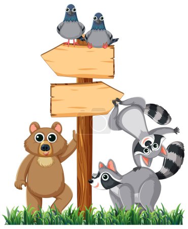 Ilustración de Ilustración de dibujos animados vectoriales de animales salvajes y oso junto al signo direccional - Imagen libre de derechos