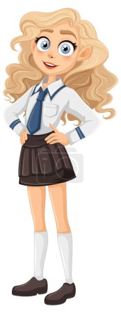 Téléchargez les illustrations : Un superbe personnage féminin avec de gros yeux et de longs cheveux blonds dans un uniforme de lycée - en licence libre de droit