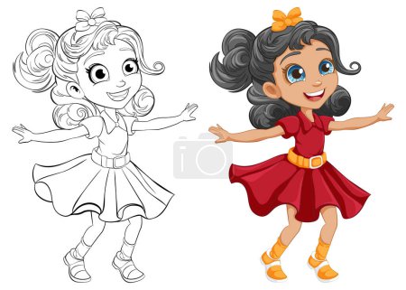 Téléchargez les illustrations : Une joyeuse fille de dessin animé dansant avec un contour pour la coloration - en licence libre de droit