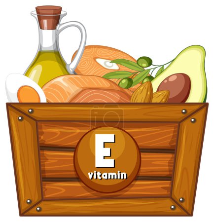 Téléchargez les illustrations : Illustration d'une caisse remplie de divers aliments riches en vitamine E à des fins éducatives - en licence libre de droit