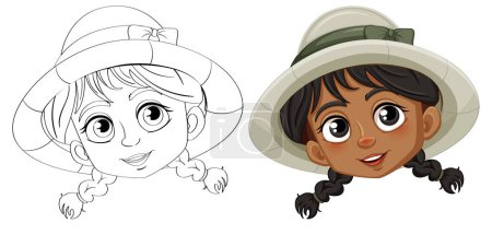 Téléchargez les illustrations : Une fille joyeuse avec des tresses et un chapeau dans une illustration vectorielle de style gribouillis - en licence libre de droit