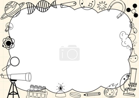 Ilustración de Ilustración de dibujos animados vectoriales de herramientas científicas con un elemento de signo de aprendizaje y una plantilla de marco de borde - Imagen libre de derechos