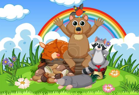Photo for Vibrant cartoon illustration of joyful animals surrounded by a beautiful rainbow in a natural landscape - Royalty Free Image