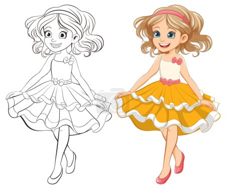 Téléchargez les illustrations : Illustration vectorielle d'une fille en robe de princesse, parfaite pour les pages à colorier - en licence libre de droit