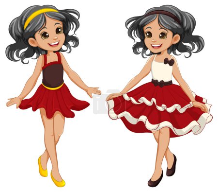 Illustration for A set of girl cartoon characters dressed in fantasy party princess outfits - Royalty Free Image