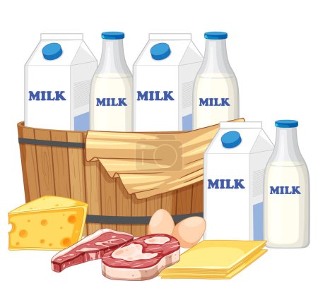 Téléchargez les illustrations : Illustration vectorielle en forme de dessin animé d'un tonneau rempli de lait et de protéines - en licence libre de droit