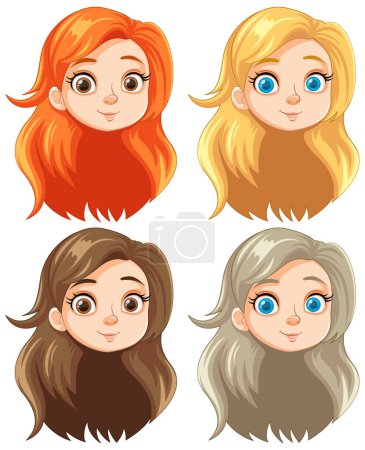 Illustration for A collection of four long-haired, beautiful girl cartoon illustrations - Royalty Free Image