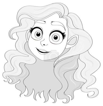 Téléchargez les illustrations : Un contour d'une femme étonnante aux cheveux fluides dans un style de dessin animé vectoriel - en licence libre de droit