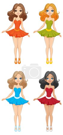 Téléchargez les illustrations : Belles femmes dans des personnages de dessins animés profitant d'un mini cocktail - en licence libre de droit