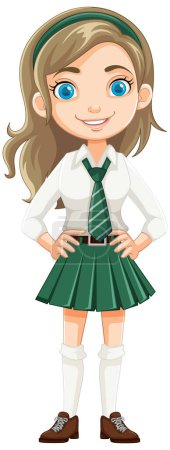 Illustration for A cheerful cartoon character of a beautiful girl student in school uniform - Royalty Free Image