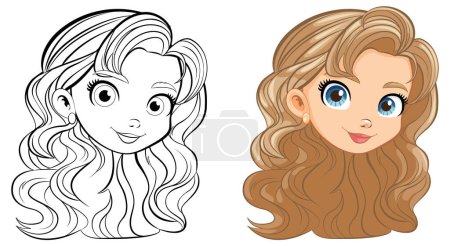 Illustration for A doodle outline of a beautiful woman's face with long hair, perfect for coloring pages - Royalty Free Image