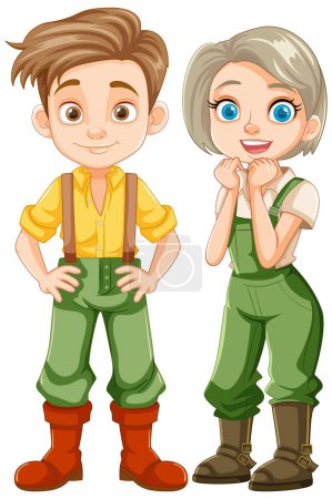 Téléchargez les illustrations : Un adorable jeune couple paysan représenté dans une charmante illustration vectorielle de dessin animé - en licence libre de droit