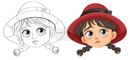 Ilustración de Una ilustración de dibujos animados vectoriales de una chica triste con trenzas, con un sombrero, listo para colorear - Imagen libre de derechos